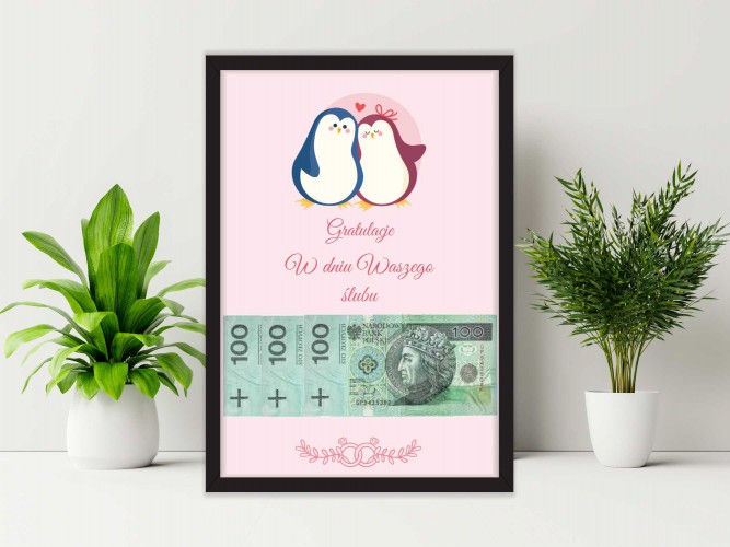 Plakat w ramie na pieniądze, pingwinki, wesele, ślub PP018 Naklejkomania - zdjecie 1