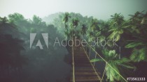 Rope bridge in misty jungle with palms. Backlit. Naklejkomania - zdjecie 1 - miniatura