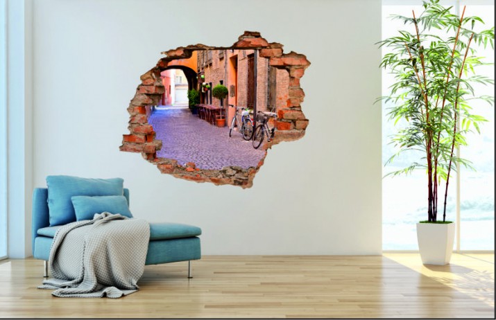 Naklejka na ścianę, dziura 3D  cegły uliczka miasto kamienica 3027 Naklejkomania - zdjecie 1