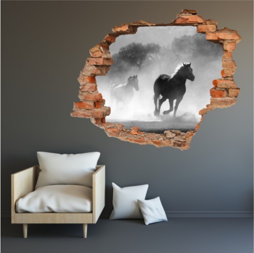 Naklejka na ścianę, dziura 3D  cegły konie galop mgła 3194 Naklejkomania - zdjecie 1