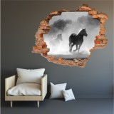 Naklejka na ścianę, dziura 3D  cegły konie galop mgła 3194 Naklejkomania - zdjecie 1 - miniatura