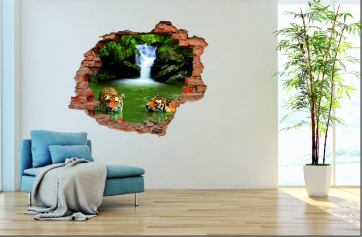 Naklejka na ścianę, dziura 3D  cegły las tygrysy jezioro wodospad 3111 Naklejkomania - zdjecie 1