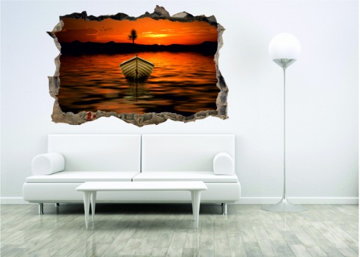 Naklejka na ścianę, dziura 3D łódka o zachodzie słońca 336 Naklejkomania - zdjecie 1