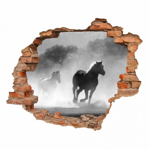 Naklejka na ścianę, dziura 3D  cegły konie galop mgła 3194 - zdjęcie 2