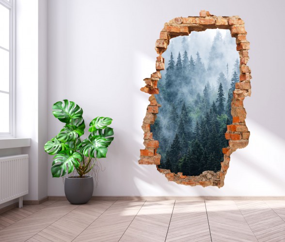 Naklejka na ścianę, dziura 3D  las we mgle 3636 Naklejkomania - zdjecie 1