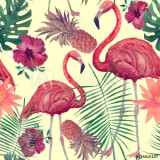 Seamless watercolor pattern with flamingo, leaves, flowers. Hanad drawn . Naklejkomania - zdjecie 1 - miniatura