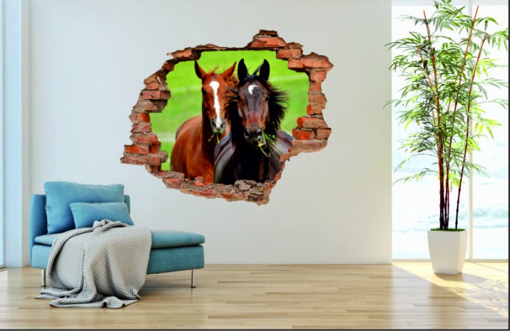 Naklejka na ścianę, dziura 3D  cegły łąka konie 3011 Naklejkomania - zdjecie 1