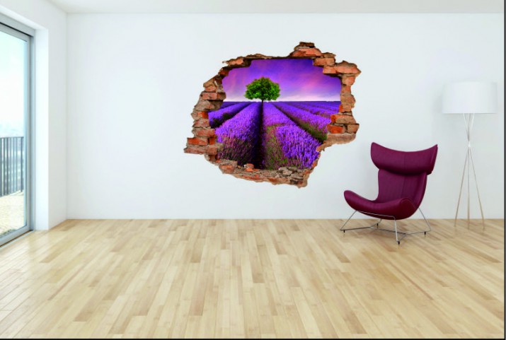 Naklejka na ścianę, dziura 3D  cegły łąka wrzosy drzewo 3069