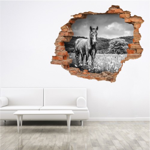 Naklejka na ścianę, dziura 3D  cegły koń łąka 3197 Naklejkomania - zdjecie 1