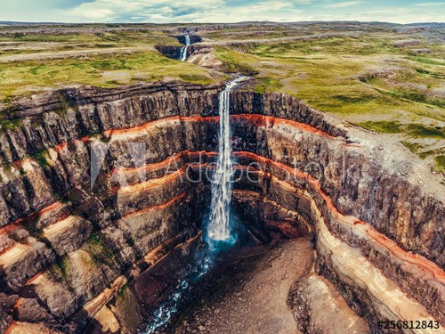 Aerial view Icelandic summer landscape of the Aldeyjarfoss waterfall in north Iceland. The waterfall is situated in the northern part of the Sprengisandur Road within the Highlands of Iceland. - zdjęcie 1