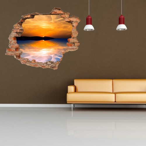 Naklejka na ścianę, dziura 3D  cegły morze niebo zachód słońca 3188