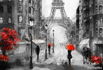 oil painting on canvas, street view of Paris. Artwork. eiffel tower . people under a red umbrella. Tree. France Naklejkomania - zdjecie 1 - miniatura