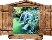 Naklejka na ścianę, dziura 3D drewniane okno las wodospad strumień 1019 Naklejkomania - zdjecie 2 - miniatura