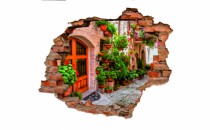 Naklejka na ścianę, dziura 3D  cegły uliczka miasto kamienica kwiaty 3057 Naklejkomania - zdjecie 2 - miniatura