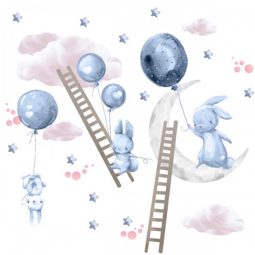Naklejki dla dzieci na ścianę króliczki niebieskie balony ksieżyc 41487 - zdjęcie 3