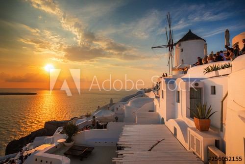 Santorini greece famous Oia in sunset time golden hour