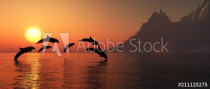 Dolphins are jumping at sunset. Sea landscape at sunset.
3D rendering
 Naklejkomania - zdjecie 1 - miniatura