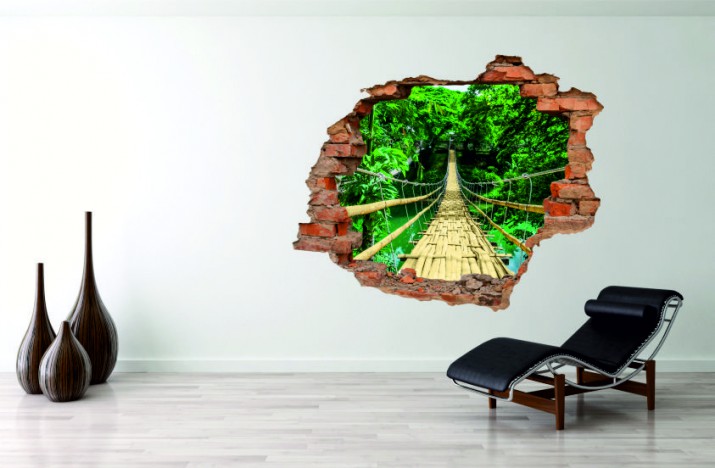 Naklejka na ścianę, dziura 3D  cegły las dżungla most 3134 Naklejkomania - zdjecie 1