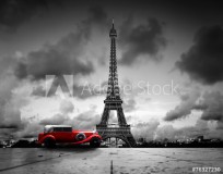 Effel Tower, Paris, France and retro red car. Black and white Naklejkomania - zdjecie 1 - miniatura