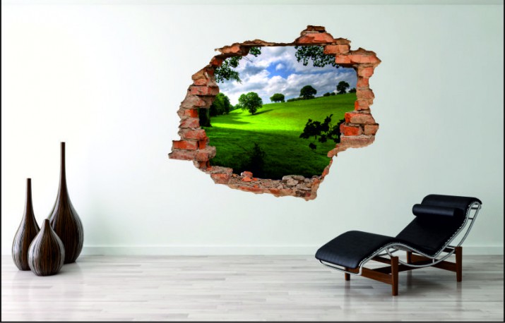 Naklejka na ścianę, dziura 3D  cegły łąka drzewa niebo 3029 Naklejkomania - zdjecie 1