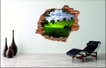 Naklejka na ścianę, dziura 3D  cegły łąka drzewa niebo 3029 Naklejkomania - zdjecie 1 - miniatura