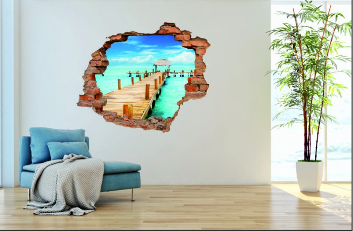 Naklejka na ścianę, dziura 3D  cegły morze plaża pomost 3078 Naklejkomania - zdjecie 1
