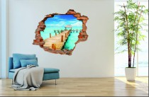 Naklejka na ścianę, dziura 3D  cegły morze plaża pomost 3078 Naklejkomania - zdjecie 1 - miniatura