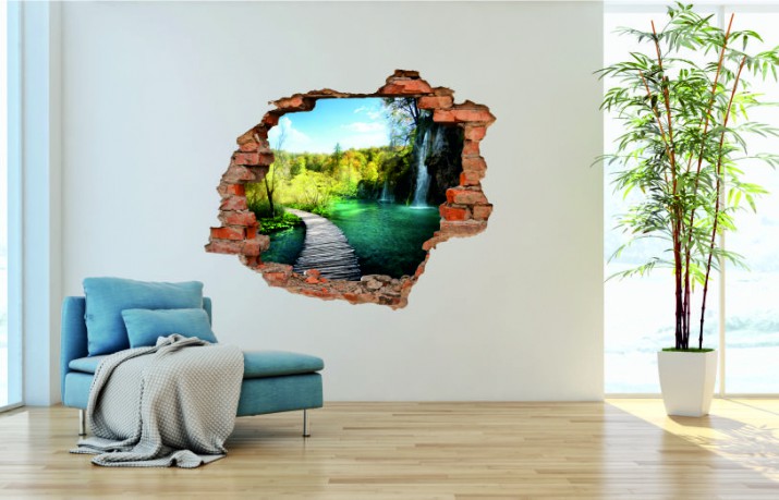 Naklejka na ścianę, dziura 3D  cegły góry wodospad pomost 3137 Naklejkomania - zdjecie 1