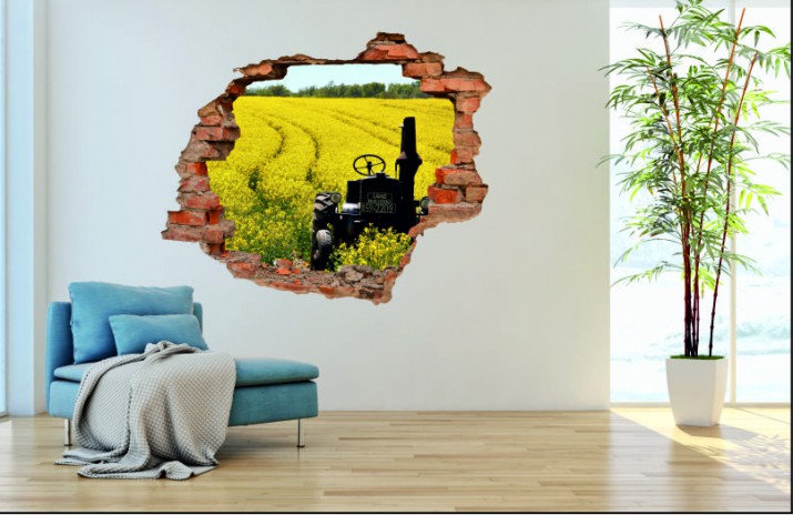 Naklejka na ścianę, dziura 3D  cegły łąka rzepak traktor 3017 Naklejkomania - zdjecie 1