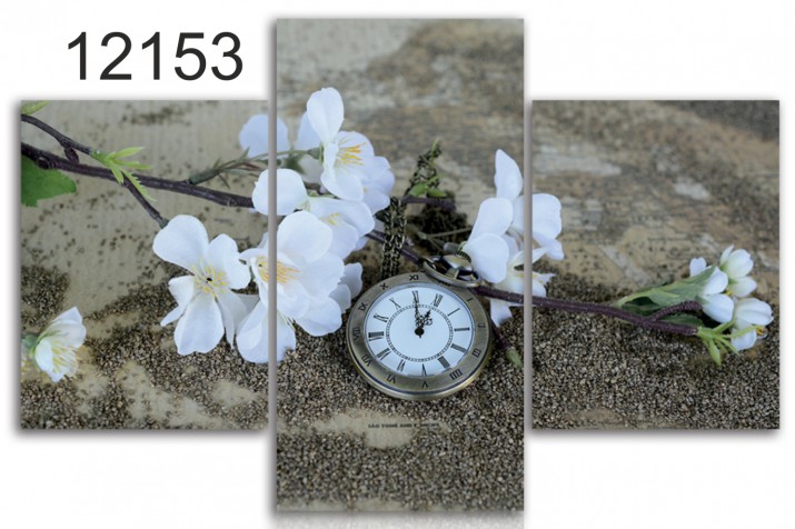 Tryptyk do salonu - Obraz, zegar, kwiat wiśni 12153 Naklejkomania - zdjecie 1