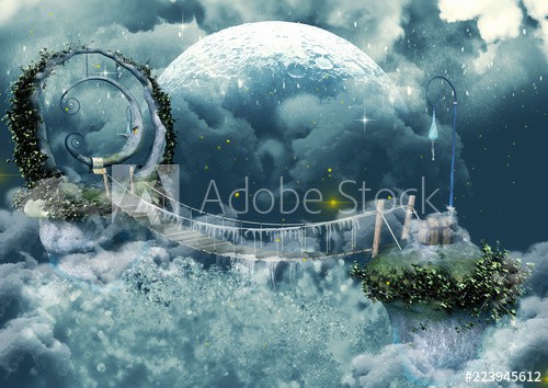Frozen scene fairytale bridge with a moon statue.