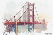Watercolor sketch or illustration of the beautiful view of the Golden Gate Bridge in San Francisco in America Naklejkomania - zdjecie 1 - miniatura