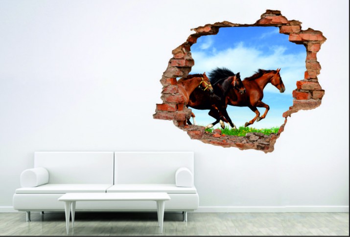 Naklejka na ścianę, dziura 3D  cegły łąka konie 3103 Naklejkomania - zdjecie 1