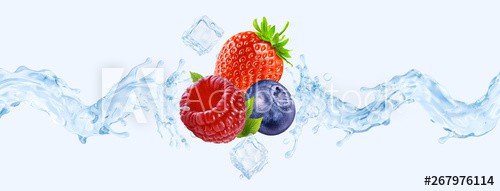 Fresh cold pure strawberry, blueberry, raspberry flavored water wave splash. Clean infused water wave splash with berries. Healthy flavored drink splash ad concept with ice cubes. 3D