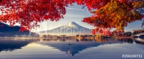 Colorful Autumn Season and Mountain Fuji with morning fog and red leaves at lake Kawaguchiko is one of the best places in Japan Naklejkomania - zdjecie 1 - miniatura