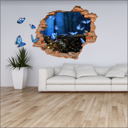 Naklejka na ścianę, dziura 3D  cegły kwiaty motyle 3166 Naklejkomania - zdjecie 1