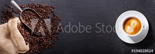 cup of coffee and coffee beans in a sack, top view - zdjęcie 1