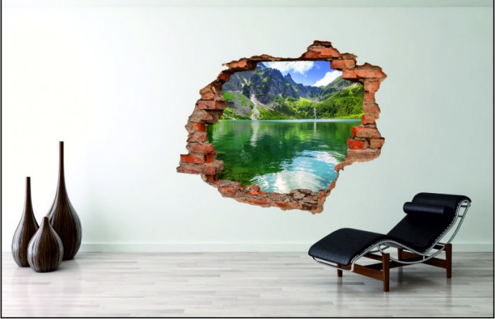 Naklejka na ścianę, dziura 3D  cegły góry jezioro 3025 Naklejkomania - zdjecie 1
