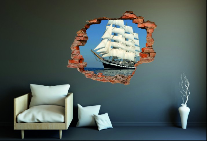 Naklejka na ścianę, dziura 3D  cegły statek żaglowiec morze 3062
