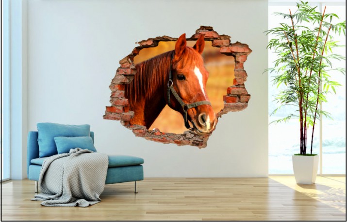 Naklejka na ścianę, dziura 3D  cegły okno koń 3001 Naklejkomania - zdjecie 1