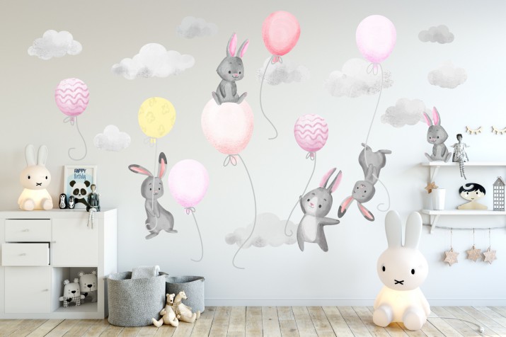 Naklejki ścianę dla dzieci 40218 zajączki z balonami - 1