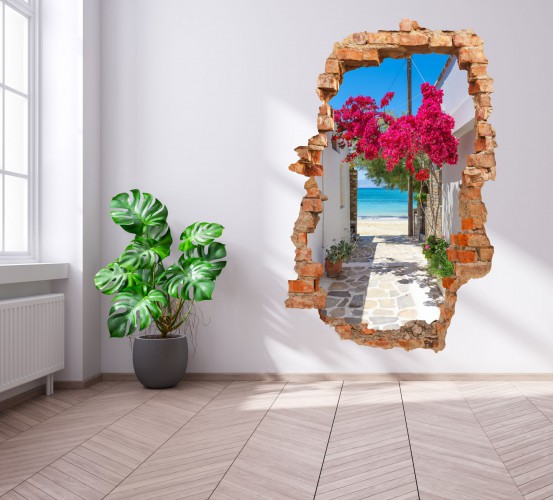 Naklejka na ścianę , dziura 3D  morze kwiaty  3668 Naklejkomania - zdjecie 1