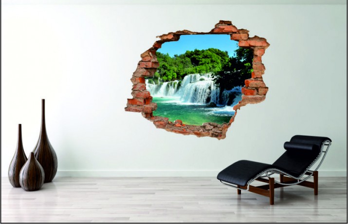 Naklejka na ścianę, dziura 3D  cegły góry jezioro wodospad 3104 Naklejkomania - zdjecie 1