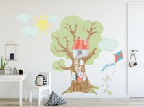 Naklejka ścienna, naklejki, na ścianę, dla dzieci - drzewko, domek na drzewie, latawiec, kolorowe, zajączek, słońce, chmurki 2094 Naklejkomania - zdjecie 1 - miniatura