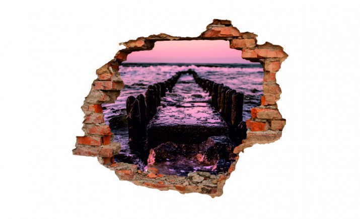 Naklejka na ścianę, dziura 3D  cegły morze plaża pomost 3114 - zdjęcie 2
