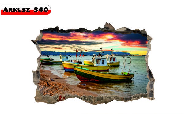 Naklejka na ścianę, dziura 3D kutry rybackie na plaży 340 - zdjęcie 2
