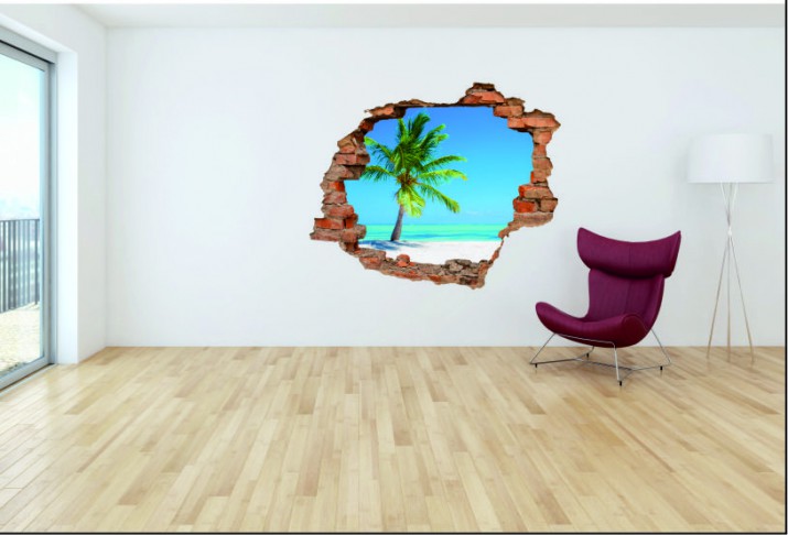 Naklejka na ścianę, dziura 3D  cegły morze plaża palma 3073 Naklejkomania - zdjecie 1