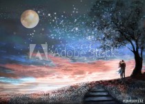 Fantasy illustration with night sky and MilkyWay, stars moon. woman and man under an tree looking at the space landscape. floral meadow and stairs.  Painting. Naklejkomania - zdjecie 1 - miniatura