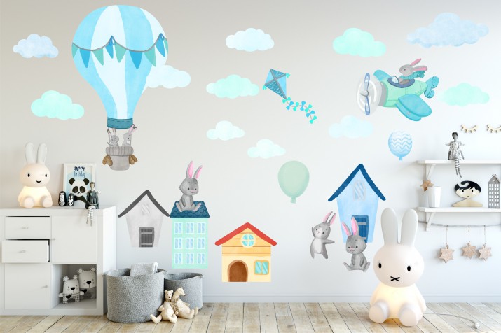 Naklejki dla dzieci na ścianę króliki balony niebieskie 40307 Naklejkomania - zdjecie 1