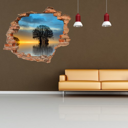 Naklejka na ścianę, dziura 3D  cegły morze niebo zachód słońca drzewo 3190 Naklejkomania - zdjecie 1